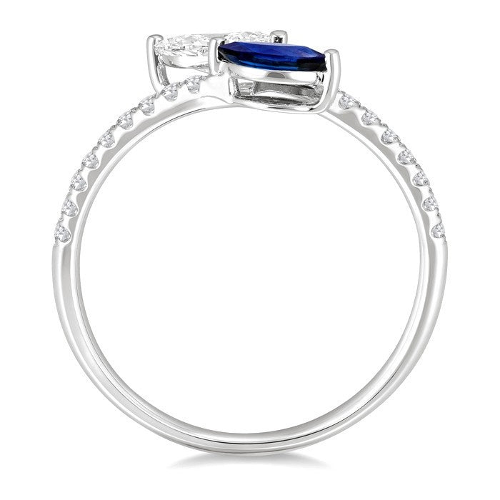 6x3 MM Marquise Sapphire and 1/2 Ctw Marquise Cut Diamond Toi Et Moi Precious Bypass Open Ring in 14K White Gold