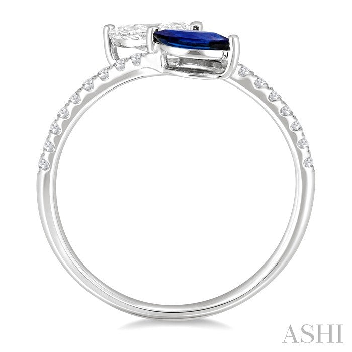 6x3 MM Marquise Sapphire and 1/2 Ctw Marquise Cut Diamond Toi Et Moi Precious Bypass Open Ring in 14K White Gold