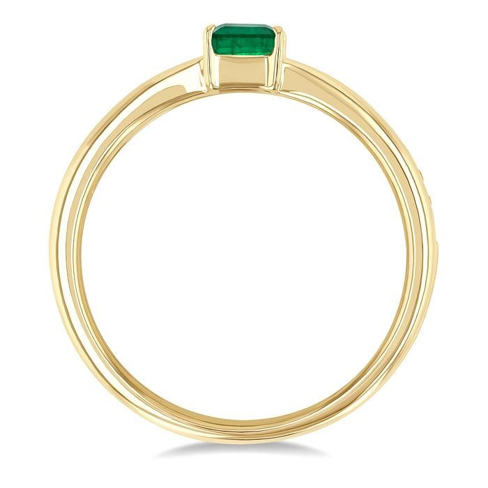4x3 MM Emerald and 1/6 Ctw Round Cut Diamond East-West Set Precious Fashion Ring in 14K Yellow Gold