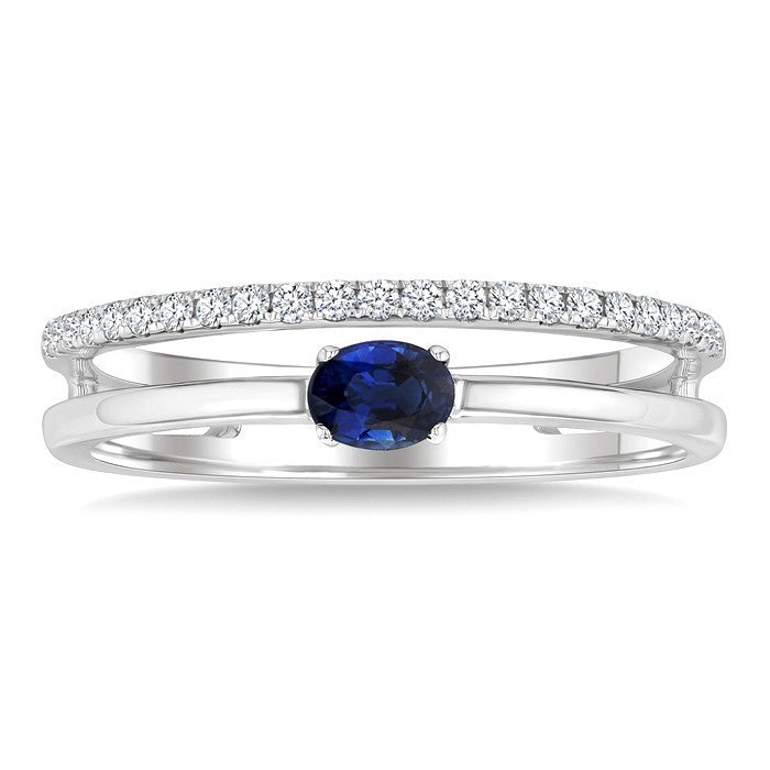 4x3 MM Oval Cut Sapphire and 1/6 Ctw Round Cut Diamond East-West Set Precious Fashion Ring in 14K White Gold