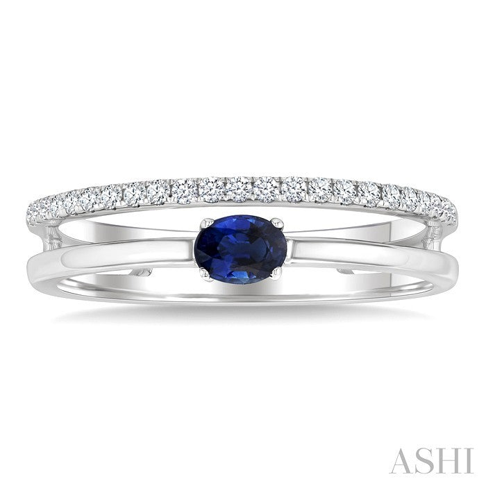 4x3 MM Oval Cut Sapphire and 1/6 Ctw Round Cut Diamond East-West Set Precious Fashion Ring in 14K White Gold