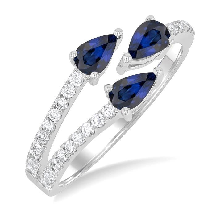 5x3 MM Pear Cut Sapphire and 1/4 Ctw Round Cut Embraced 3-Stone East-West Set Diamond Precious Open Fashion Ring in 14K White Gold