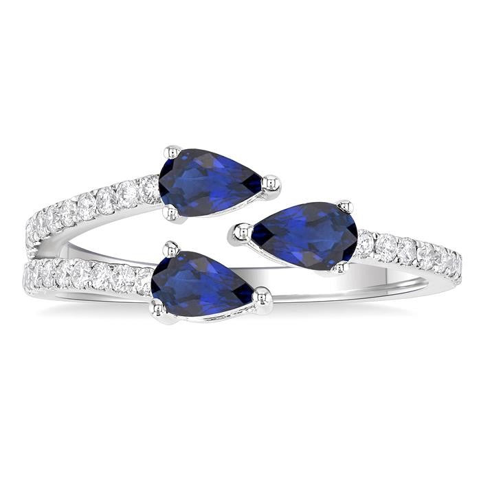 5x3 MM Pear Cut Sapphire and 1/4 Ctw Round Cut Embraced 3-Stone East-West Set Diamond Precious Open Fashion Ring in 14K White Gold