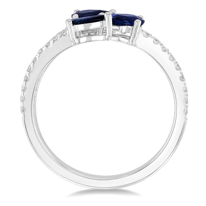 5x3 MM Pear Cut Sapphire and 1/4 Ctw Round Cut Embraced 3-Stone East-West Set Diamond Precious Open Fashion Ring in 14K White Gold