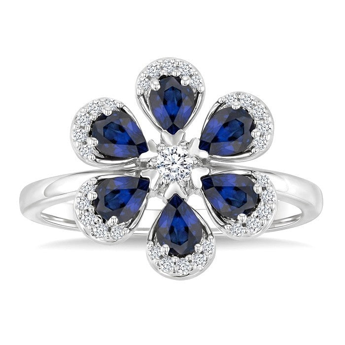 4X3 MM Pear Cut Floral Blossom Sapphire and 1/6 Ctw Round Cut Diamond Precious Fashion Ring in 14K White Gold