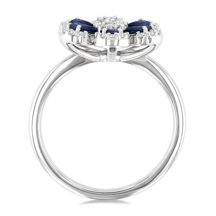4X3 MM Pear Cut Floral Blossom Sapphire and 1/6 Ctw Round Cut Diamond Precious Fashion Ring in 14K White Gold
