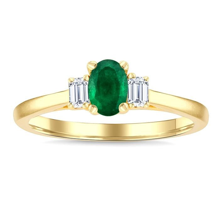 1/5 Ctw 3-Stone Oval Cut 6X4MM Emerald and Emerald Cut Diamond Precious Ring in 14K Yellow Gold