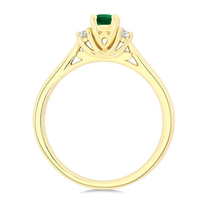 1/5 Ctw 3-Stone Oval Cut 6X4MM Emerald and Emerald Cut Diamond Precious Ring in 14K Yellow Gold