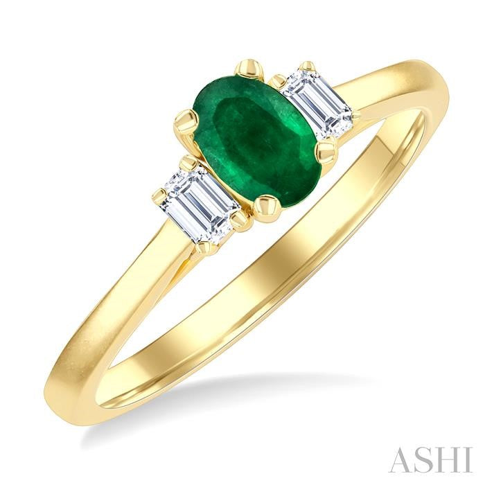 1/5 Ctw 3-Stone Oval Cut 6X4MM Emerald and Emerald Cut Diamond Precious Ring in 14K Yellow Gold