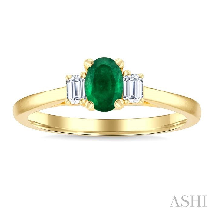1/5 Ctw 3-Stone Oval Cut 6X4MM Emerald and Emerald Cut Diamond Precious Ring in 14K Yellow Gold