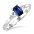 1/5 Ctw 3-Stone Emerald Cut 6X4MM Sapphire and Pear Cut Diamond Precious Ring in 14K White Gold