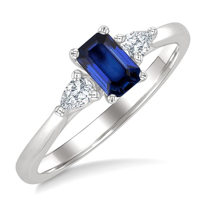 1/5 Ctw 3-Stone Emerald Cut 6X4MM Sapphire and Pear Cut Diamond Precious Ring in 14K White Gold