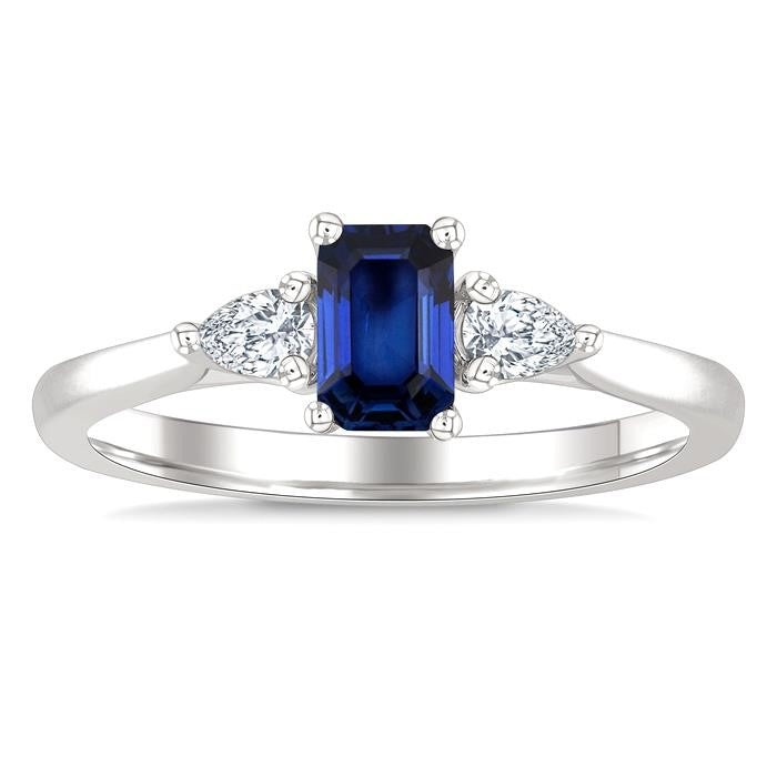 1/5 Ctw 3-Stone Emerald Cut 6X4MM Sapphire and Pear Cut Diamond Precious Ring in 14K White Gold