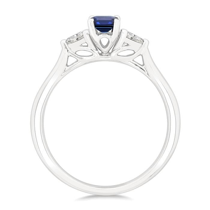 1/5 Ctw 3-Stone Emerald Cut 6X4MM Sapphire and Pear Cut Diamond Precious Ring in 14K White Gold