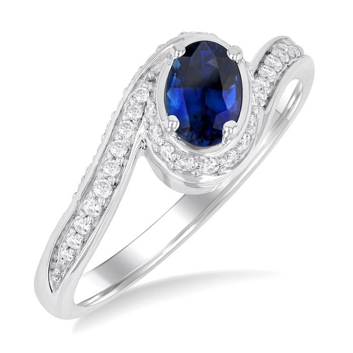 6X4 MM Sapphire Oval Cut and 1/4 Ctw Bypass Round Cut Diamond Precious Ring in 10K White Gold