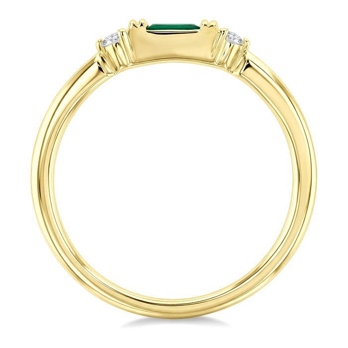 4X2 MM Baguette Cut Emerald and 1/20 Ctw Round Cut Diamond Precious Fashion Ring in 10K Yellow Gold