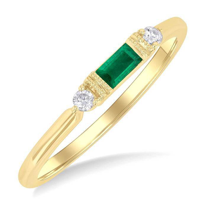 4X2 MM Baguette Cut Emerald and 1/20 Ctw Round Cut Diamond Precious Fashion Ring in 10K Yellow Gold