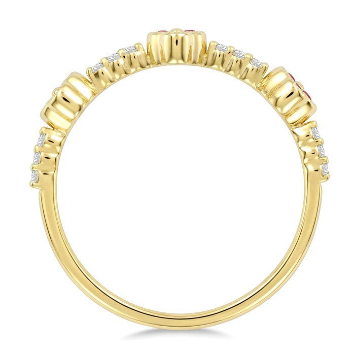 1.25 MM Round Cut Ruby and 1/10 Ctw Clover Leaf & Bar Link Round Cut Diamond Precious Ring in 10K Yellow Gold