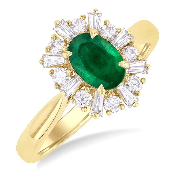 7X5 MM Emerald Oval Cut and 3/8 Ctw Baguette & Round Cut Diamond Halo Precious Ring in 14K Yellow Gold