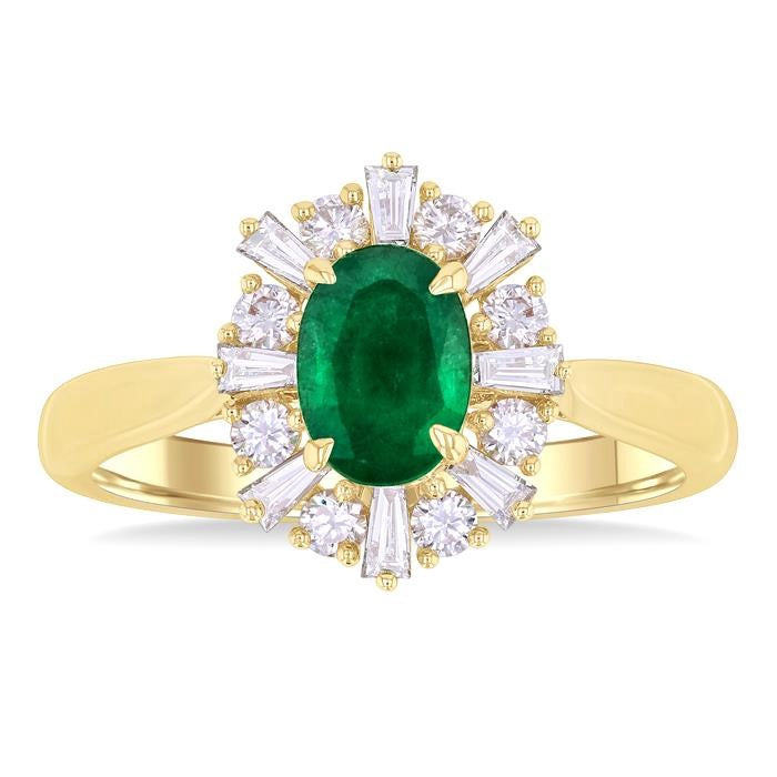 7X5 MM Emerald Oval Cut and 3/8 Ctw Baguette & Round Cut Diamond Halo Precious Ring in 14K Yellow Gold