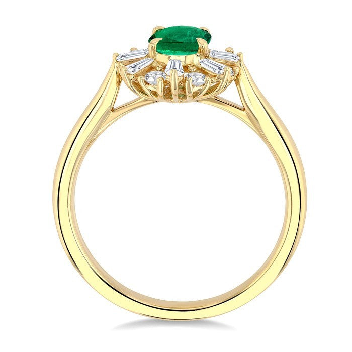 7X5 MM Emerald Oval Cut and 3/8 Ctw Baguette & Round Cut Diamond Halo Precious Ring in 14K Yellow Gold