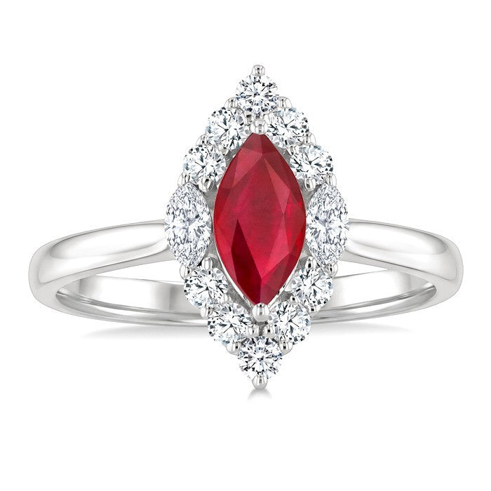 8X4 MM Marquise Shape Ruby and 3/8 Ctw Marquise and Round Cut Diamond Precious Ring in 14K White Gold