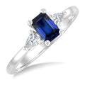 1/5 Ctw 3-Stone Emerald Cut 6X4MM Sapphire and Pear Cut Diamond Precious Ring in 14K White Gold