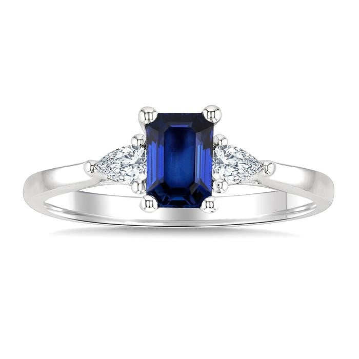 1/5 Ctw 3-Stone Emerald Cut 6X4MM Sapphire and Pear Cut Diamond Precious Ring in 14K White Gold