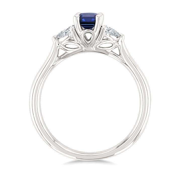 1/5 Ctw 3-Stone Emerald Cut 6X4MM Sapphire and Pear Cut Diamond Precious Ring in 14K White Gold