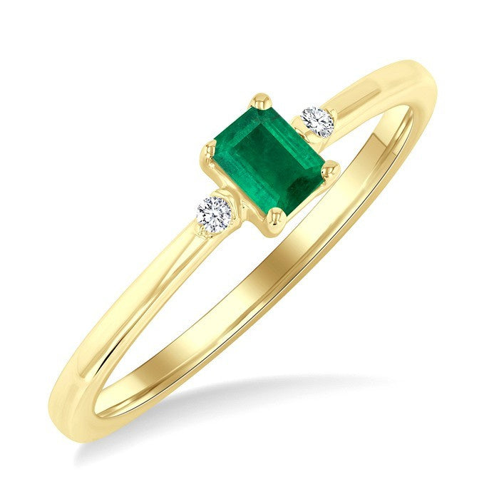 4x3 MM Octagon Shape Emerald and 1/50 Ctw Petite Round Cut Diamond Fashion Ring in 10K Yellow Gold