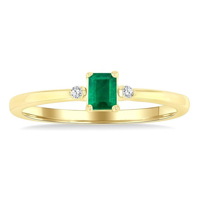 4x3 MM Octagon Shape Emerald and 1/50 Ctw Petite Round Cut Diamond Fashion Ring in 10K Yellow Gold