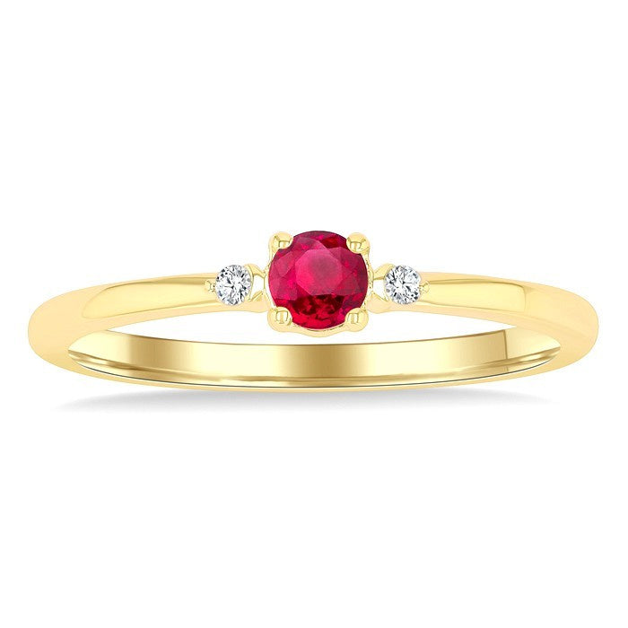 3.5 MM Round Shape Ruby and 1/50 Ctw Petite Round Cut Diamond Fashion Ring in 10K Yellow Gold