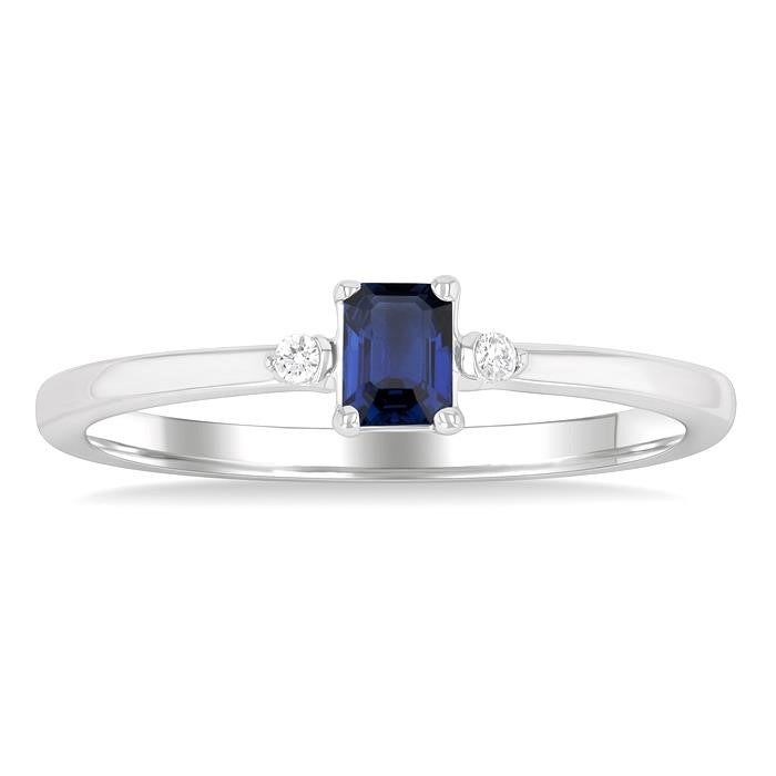 4x3 MM Octagon Shape Sapphire and 1/50 Ctw Petite Round Cut Diamond Fashion Ring in 10K White Gold