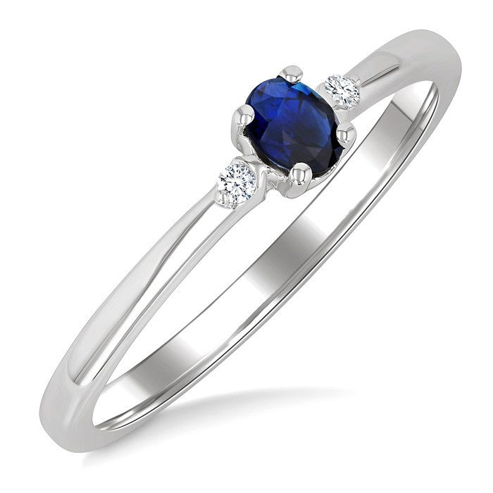 4x3 MM Oval Shape Sapphire and 1/50 Ctw Petite Round Cut Diamond Fashion Ring in 10K White Gold