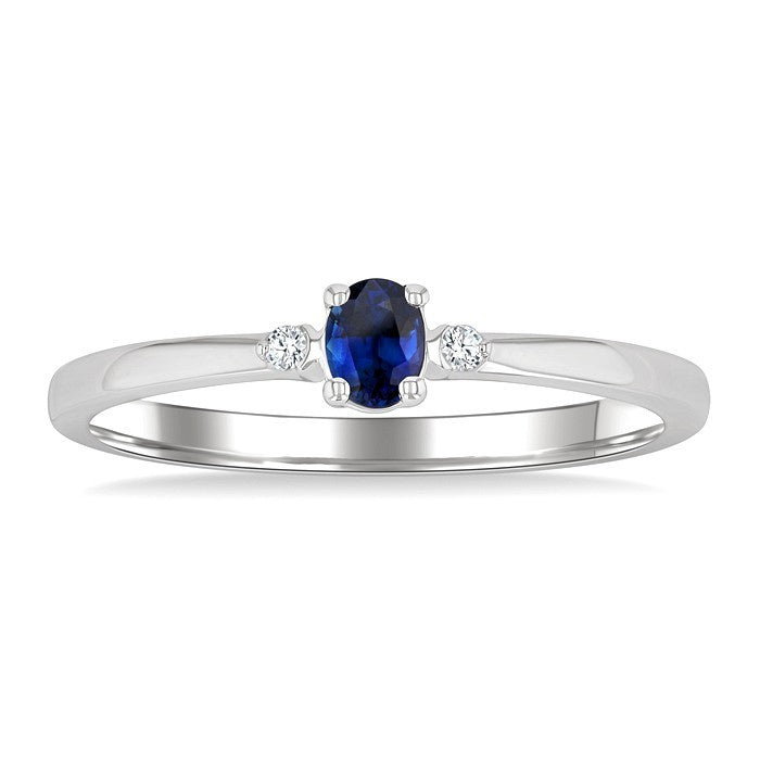 4x3 MM Oval Shape Sapphire and 1/50 Ctw Petite Round Cut Diamond Fashion Ring in 10K White Gold