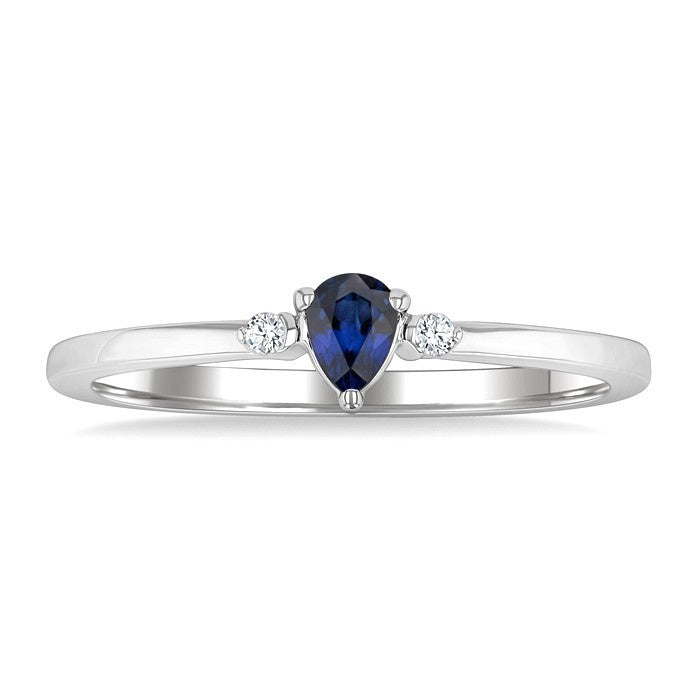 4x3 MM Pear Shape Sapphire and 1/50 Ctw Petite Round Cut Diamond Fashion Ring in 10K White Gold