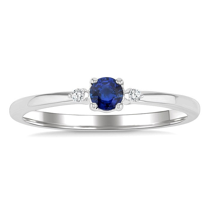 3.5 MM Round Shape Sapphire and 1/50 Ctw Petite Round Cut Diamond Fashion Ring in 10K White Gold