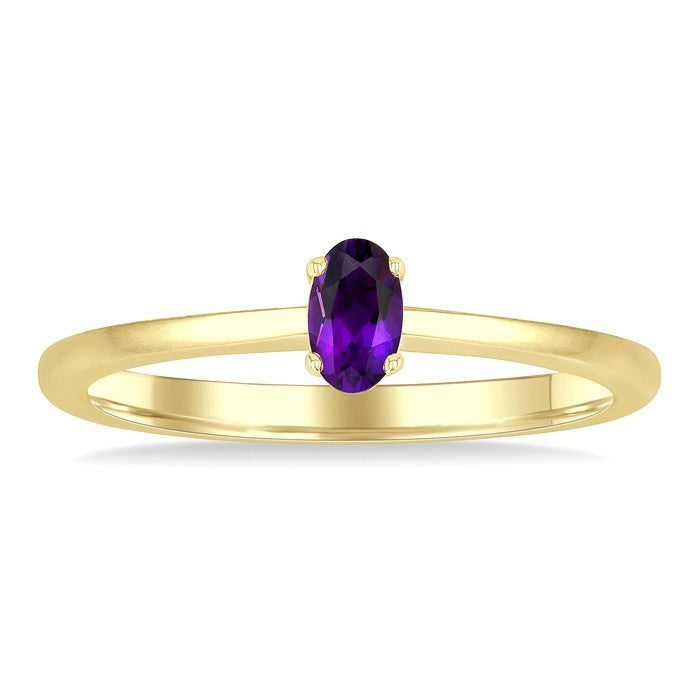 5X3 MM Oval Shape Amethyst Semi-Precious Solitaire Ring in 10K Yellow Gold
