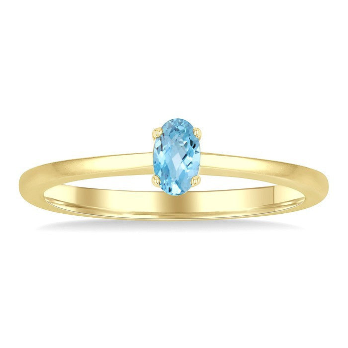 5X3 MM Oval Shape Aquamarine Semi-Precious Solitaire Ring in 10K Yellow Gold