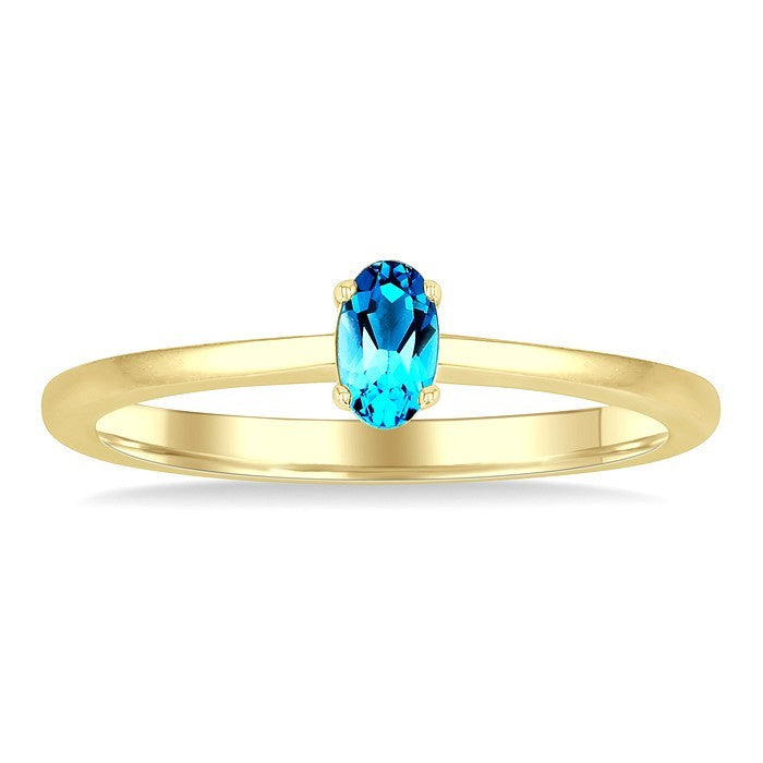 5X3 MM Oval Shape Blue Topaz Semi-Precious Solitaire Ring in 10K Yellow Gold