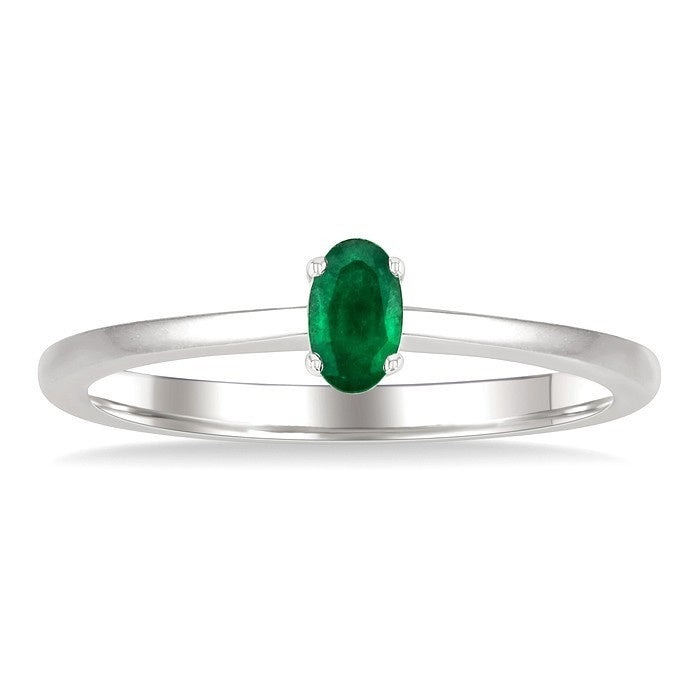 5X3 MM Oval Shape Emerald Precious Solitaire Ring in 10K White Gold