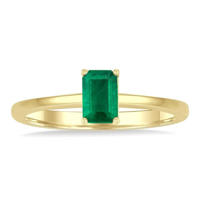 6x4 MM Octagon Shape Emerald Precious Solitaire Ring in 14K Yellow Gold