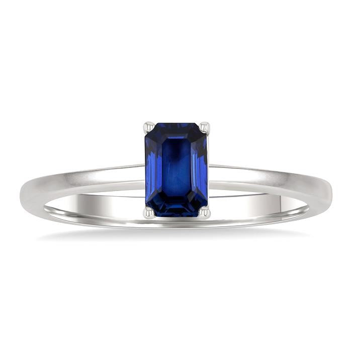 6x4 MM Octagon Shape Sapphire Precious Solitaire Ring in 14K White Gold