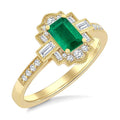 1/3 Ctw Art Deco 6X4MM Emerald, Baguette and Round Cut Diamond Precious Fashion Ring in 14K Yellow Gold
