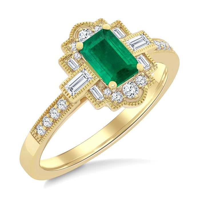 1/3 Ctw Art Deco 6X4MM Emerald, Baguette and Round Cut Diamond Precious Fashion Ring in 14K Yellow Gold