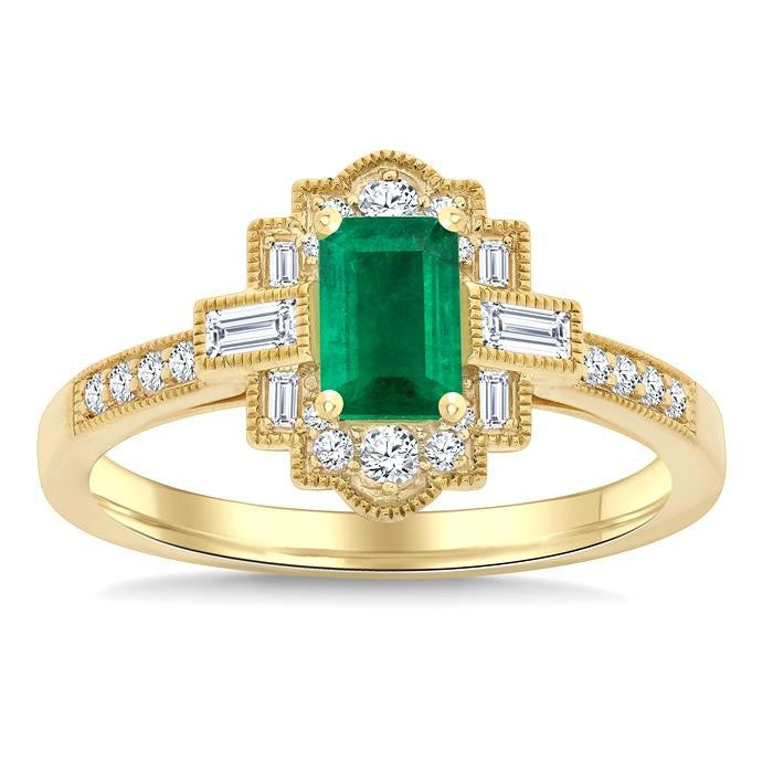 1/3 Ctw Art Deco 6X4MM Emerald, Baguette and Round Cut Diamond Precious Fashion Ring in 14K Yellow Gold