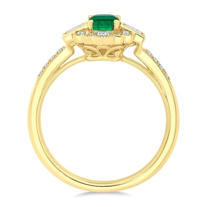 1/3 Ctw Art Deco 6X4MM Emerald, Baguette and Round Cut Diamond Precious Fashion Ring in 14K Yellow Gold