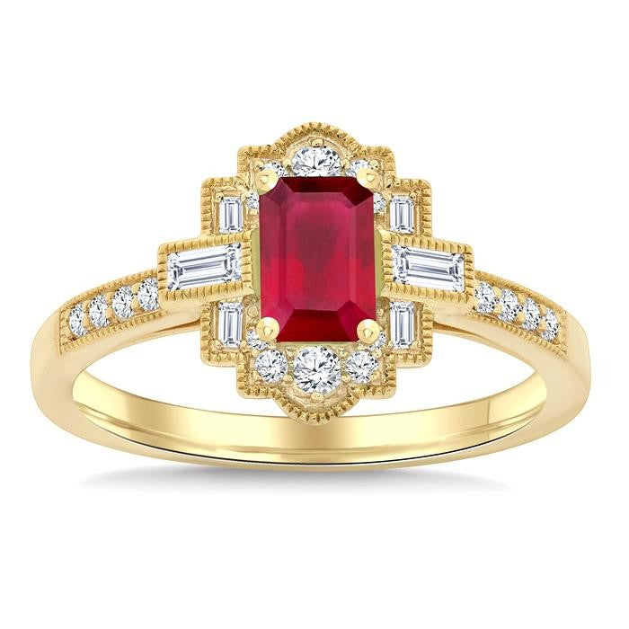 1/3 Ctw Art Deco 6X4MM Octagon Shape Ruby, Baguette and Round Cut Diamond Precious Fashion Ring in 14K Yellow Gold