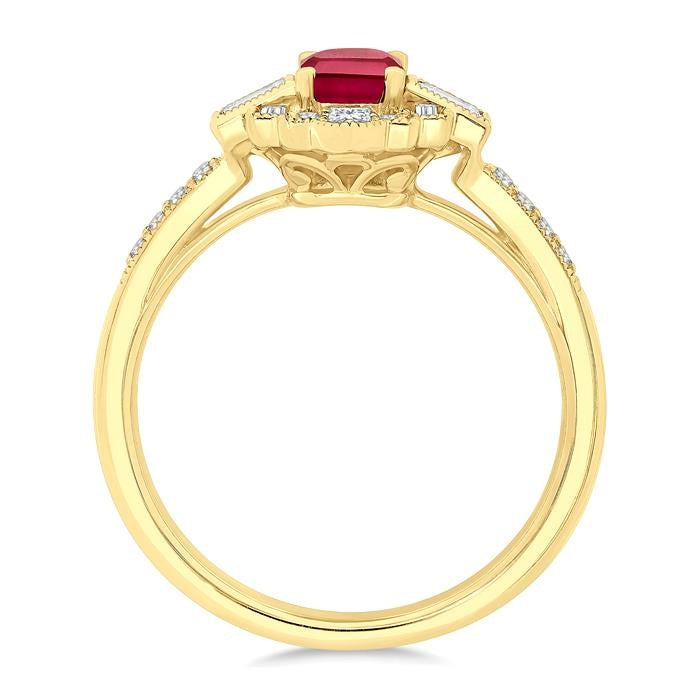 1/3 Ctw Art Deco 6X4MM Octagon Shape Ruby, Baguette and Round Cut Diamond Precious Fashion Ring in 14K Yellow Gold