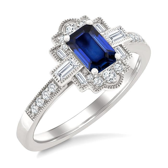1/3 Ctw Art Deco 6X4MM Octagon Shape Sapphire, Baguette and Round Cut Diamond Precious Fashion Ring in 14K White Gold